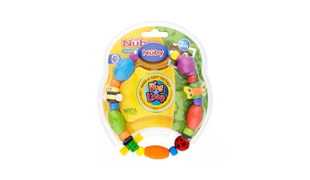 Nuby Bug-A-Loop teether - a series of multicoloured beads arranged in a loop.