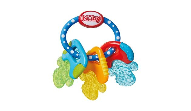Nûby Icy Bite Keys Soothing Teether - three large rainbow coloured keys hang on a blue ring. Nuby is written in an oval with red writing on a white background.