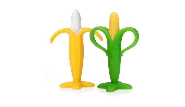 Two baby teethers - one is green and yellow and shaped like a sweetcorn, the other is a yellow peeling banana