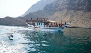 Dhow boat on the water with a dolphin diving over the water and rugged mountains in the backdrop