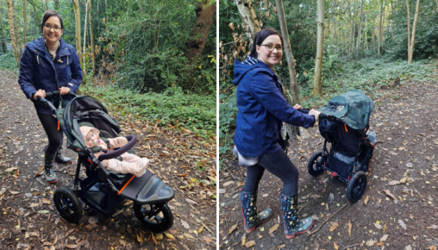 Mum pushing Out n About Nipper V5 in woodland
