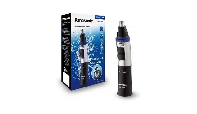 Black and silver Panasonic ER GN30 nose, ear and facial hair trimmer standing next to black, white and blue box
