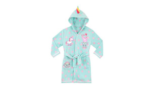 Pale blue Peppa Pig dressing gown covered in pictures of pink hearts, unicorns and Peppa Pig. The dressing gown hood has a multicoloured unicorn horn on the top of it.