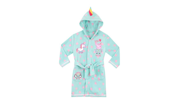 Pale blue Peppa Pig dressing gown covered in pictures of pink hearts, unicorns and Peppa Pig. The dressing gown hood has a multicoloured unicorn horn on the top of it.
