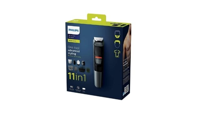 Green, navy and black box containing Philips 11-in-1 All in one trimmer
