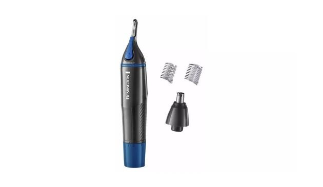 Remmington Mens nose, ear and eyebrow hair remover. Trimmer is black with blue detailing next to three interchangable heads in black and silver