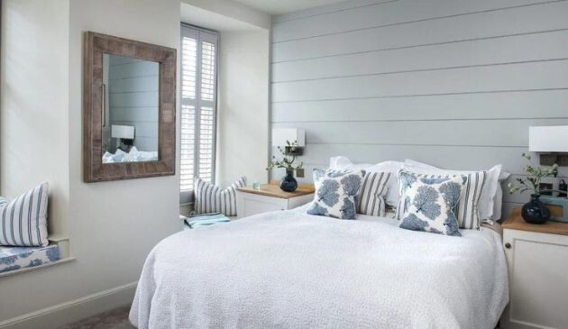 A pastel coloured bedroom at the Rick Stein Cafe in Padstow
