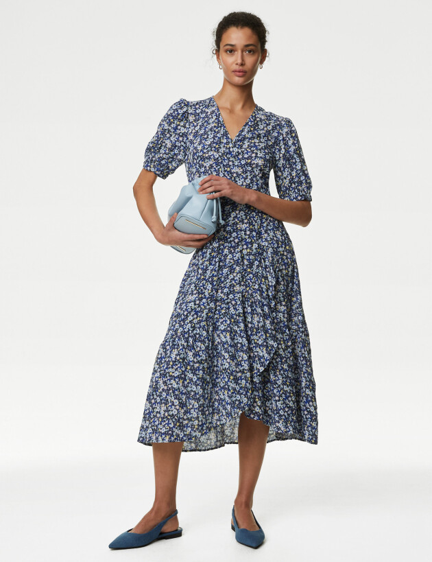 M&S Collection Printed V-neck Midi Waisted Wrap Dress