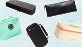 A collage of sex toy storage boxes and bags from Lovehoney, Smile Makers and Unbound