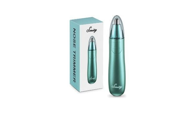 Pale green Smity nose and ear hair trimmer standing next to pale green and white box