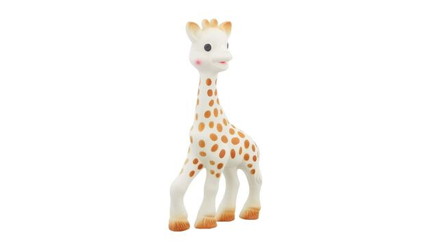 Sophie la Girafe teether - a cream coloured giraffe with brown spots and brown hooves and rosy cheeks