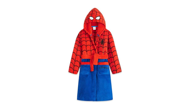 Red and blue Spiderman kids dressing gown, with a black embroidered spider on the chest and two white eyes on the hood.