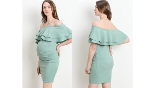 blue off the shoulder maternity dress