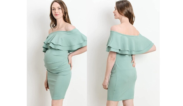 blue off the shoulder maternity dress