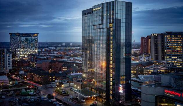 A picture of the Hyatt Regency across the Birmingham skyline.