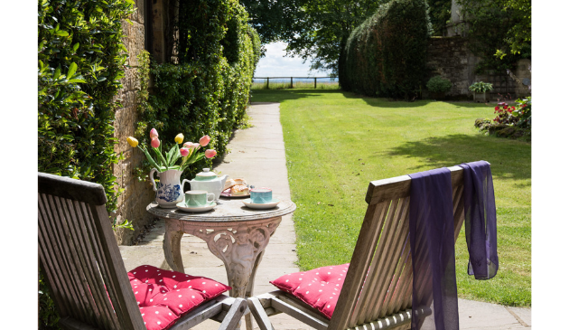 two chairs in a sunny garden with a pot of tea and tulips in a vase