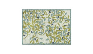 Sage coloured doormat with a black, green and blue olive print design