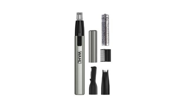Silver Wahl Micro Finisher Nose Hair Trimmer pictured with three black attachments, a silver lid and battery