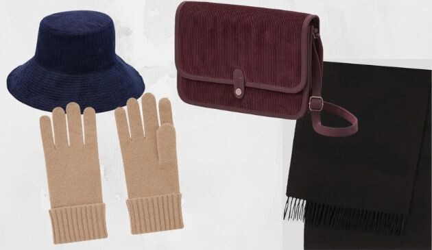 hat, gloves, bag and scarf