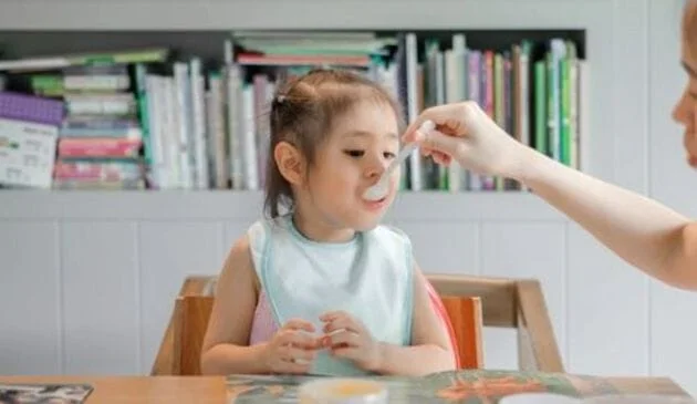 Toddler wearing a bib